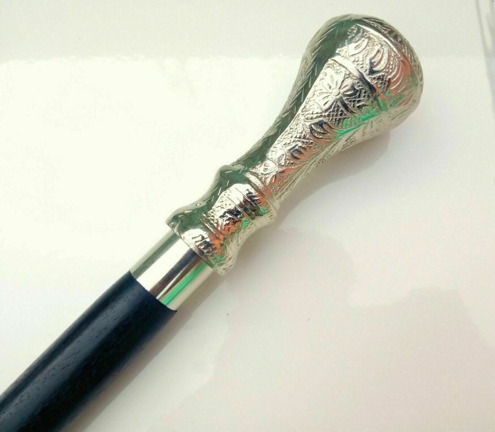 Vintage Luxury Wooden Walk Stick Cane Silver Solid Handle Craved Support Ca