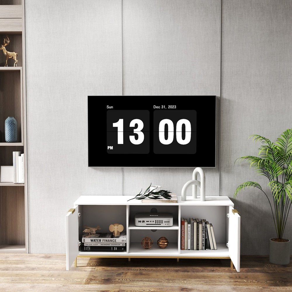 Modern TV Stand with Wave-Design Doors, Open Shelf & Adjustable