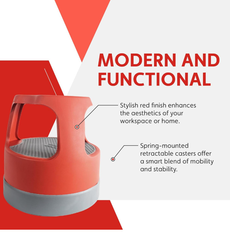 Cramer Scooter Stool 2-Step Rolling Step Stool 300 lb Red Plastic 16"
