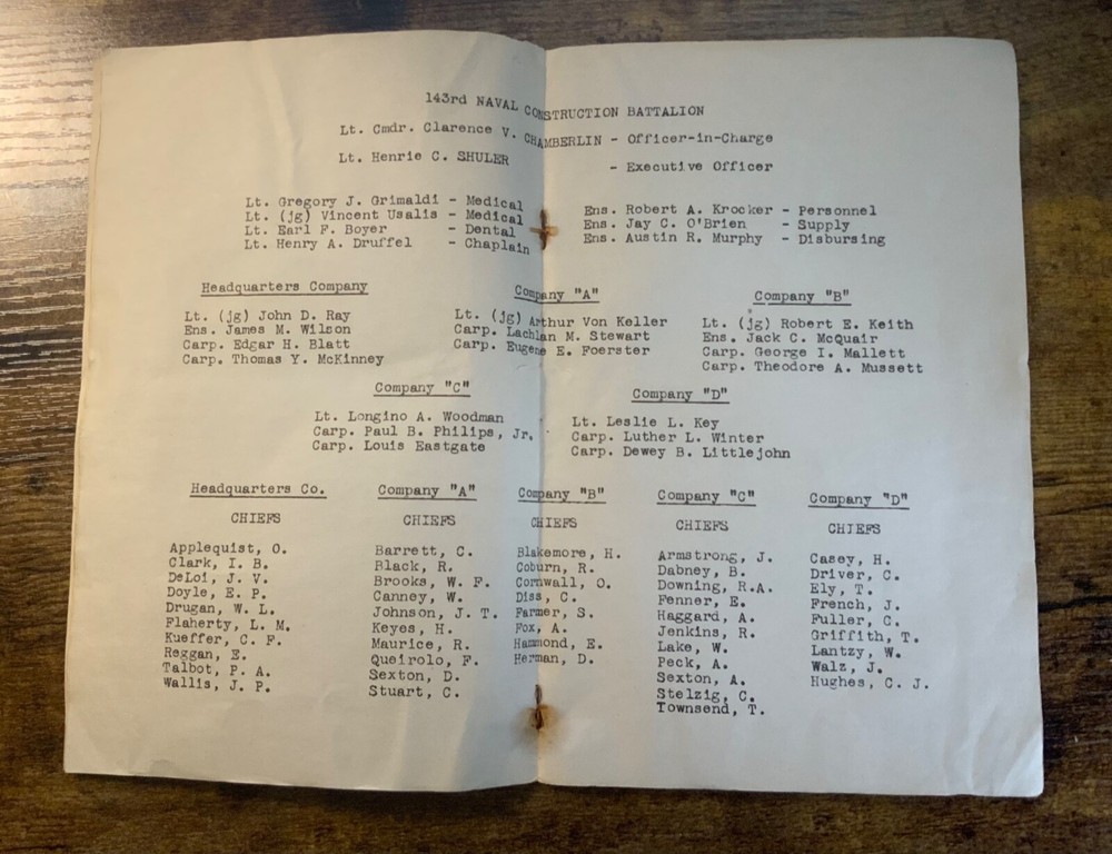 Vintage 143rd Naval Construction Battalion Seabees Org Chart Pamphlet