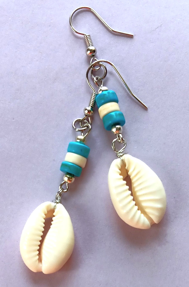Blue Howlite COWRIE SHELL dangle earring SP Fish hook handcrafted #ACTA