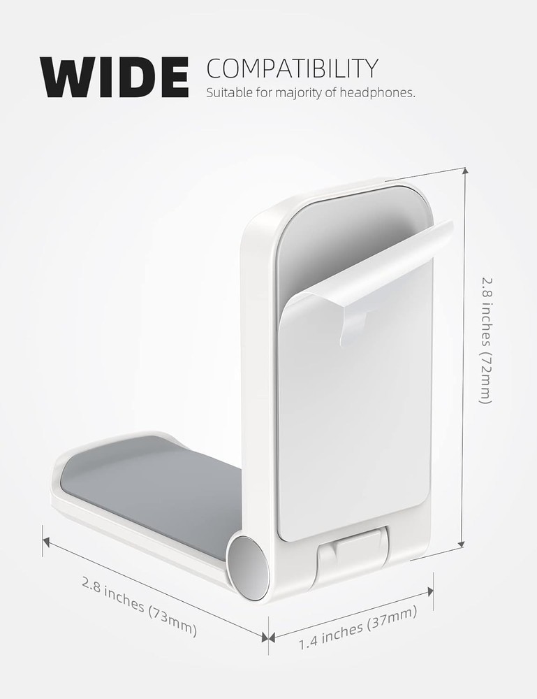 Foldable White Headphone Stand - Strong Adhesive Hook for Clutter-Free Spaces