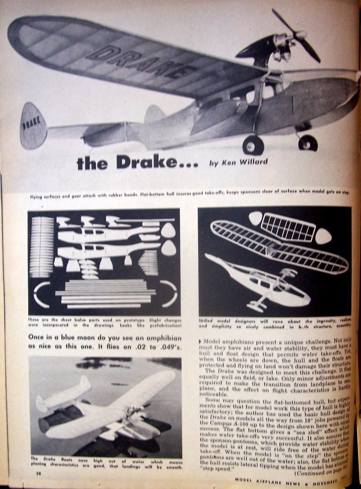 DRAKE PLAN + RC CONSTRUCTION ARTICLE for 35" Span 1/2A Amphibian Model Airplane