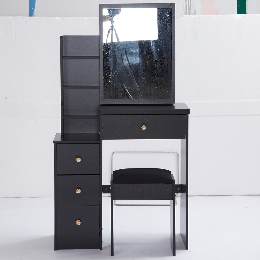29.2" Small Space Left Bedside Cabinet Vanity Table + Cushioned Stool, Extra Lar
