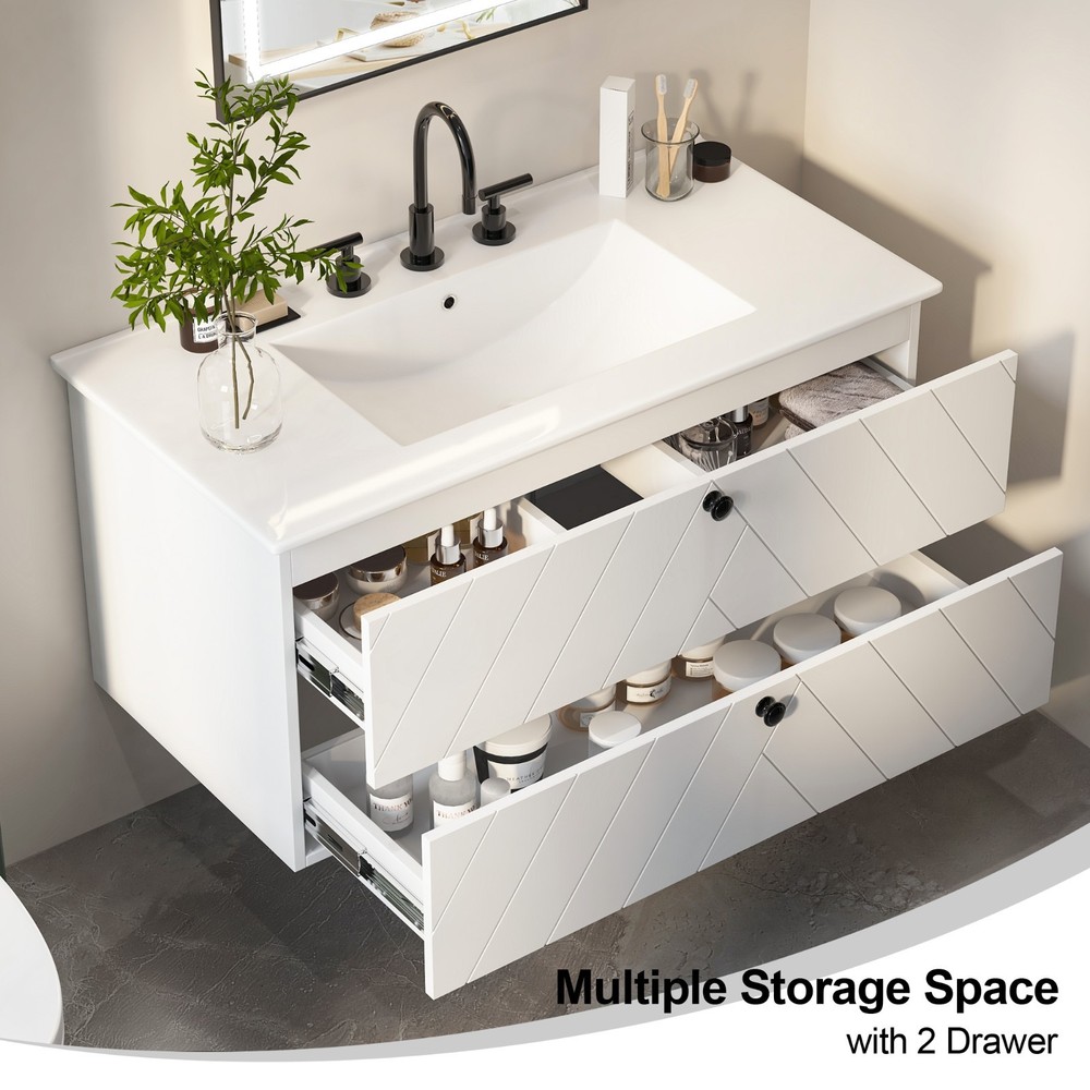 36" 30" 24" Wall Mounted Bathroom Vanity Cabinet with Ceramic Sink Combo White