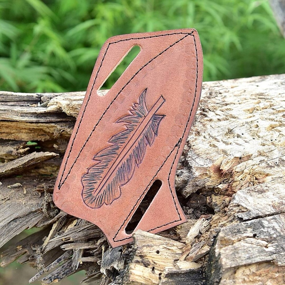 Leather Hand Leaf Engraved PANCAKE Fixed Blade Knife Belt Sheath Folding Case