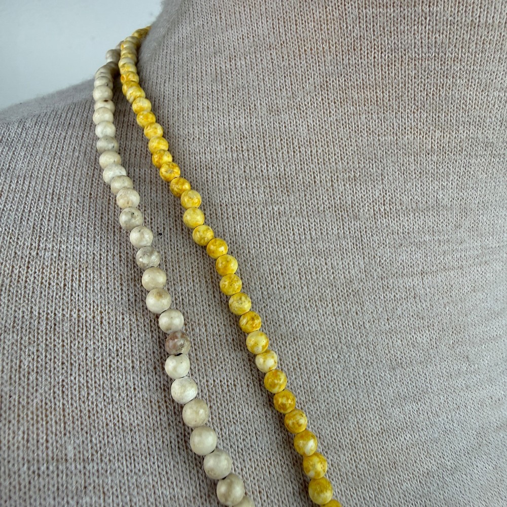 Two Strands Stone Round Beads - Beige & Yellow - Pullover - 35"