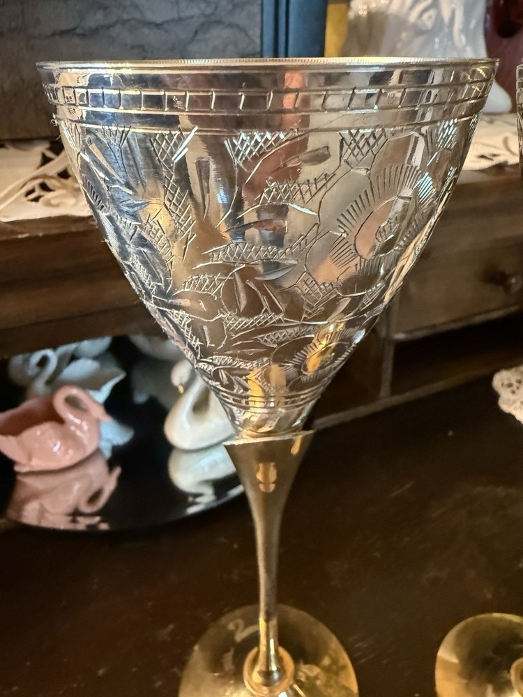 Etched Silver Plated With Brass Handle goblets