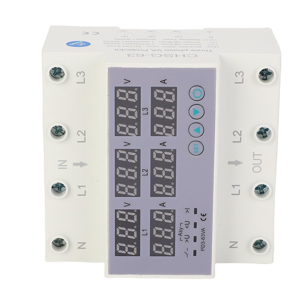 63A 3 Phase DIN Rail Voltmeter Ammeter Auto Overvoltage Overcurrent Protector AC