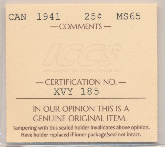 Canada George VI 25 Cents 1941 - ICCS MS65