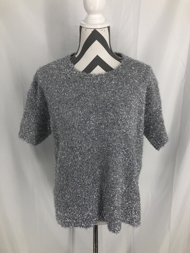 She + sky Gray Silver Tinsel Oversized Short Sleeve Sweater Small NWT