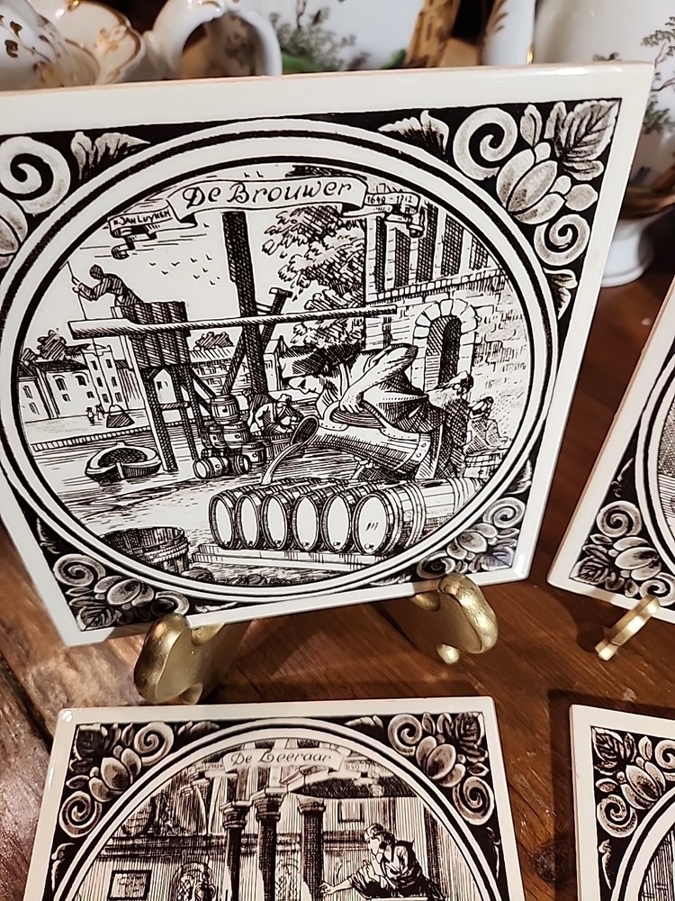 4 Ceramic Brown Transferware Tiles Japan