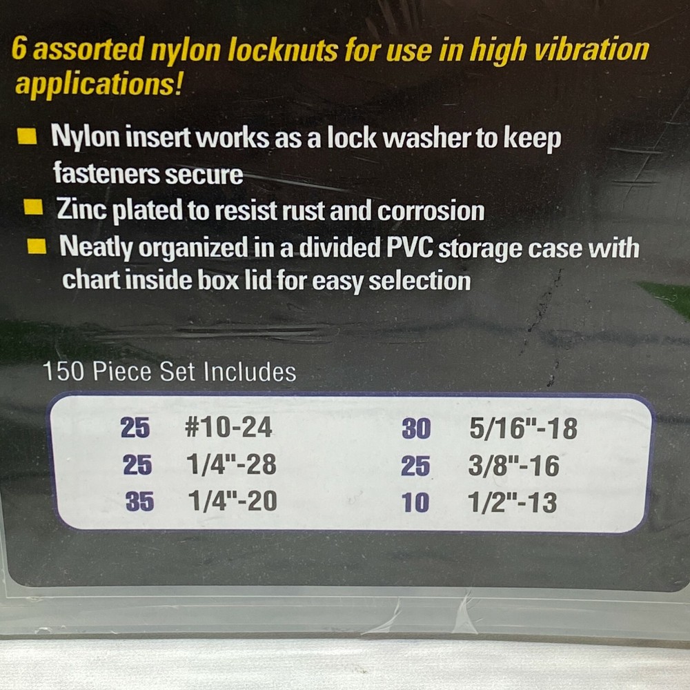 150 pcs Hex Nylon Insert Lock Nut Assortment SAE 6 Sizes High Vibration Locknut