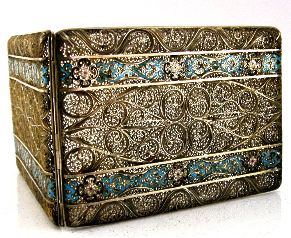 STUNNING SPANISH SOLID SILVER GILT ENAMEL FILIGREE CHEROOT / CARD CASE c1920