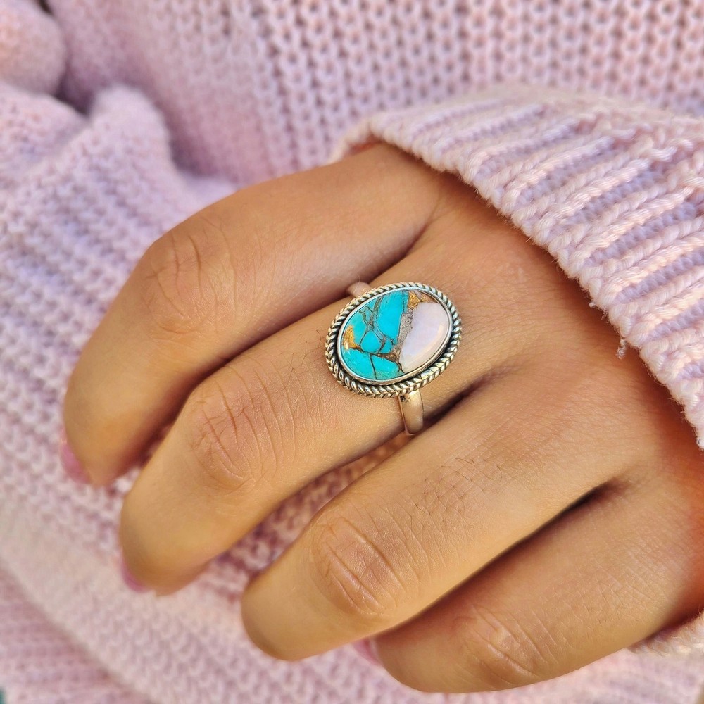 Oyster Copper Turquoise Ring 925 Sterling Silver Spiny Turquoise Statement Ring