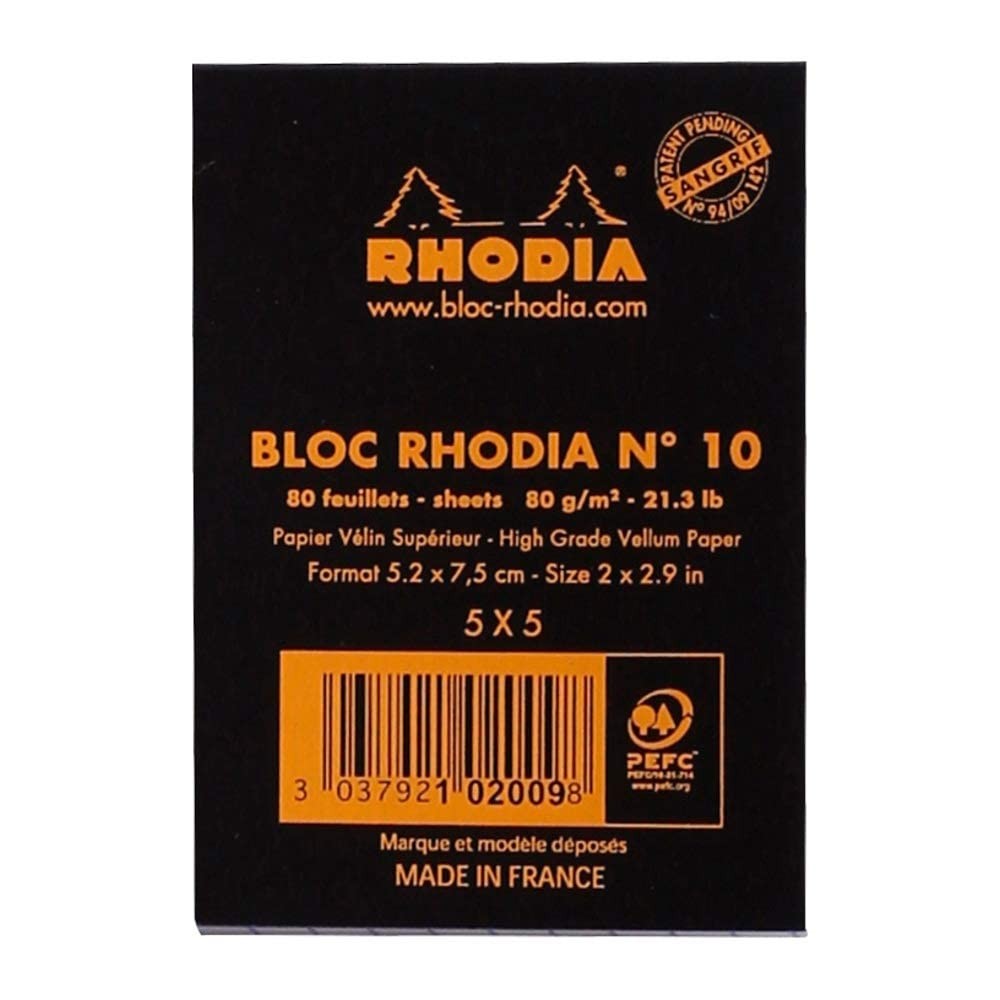 Rhodia A8 Black Notepad 52x75mm Square Ruling 80 Microperforated Sheets