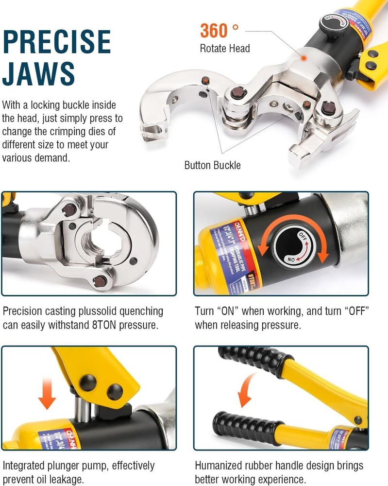 1/2, 3/4, 1" PEX Press Crimping Tool with Pipe Cutter - Automatic Locking Design