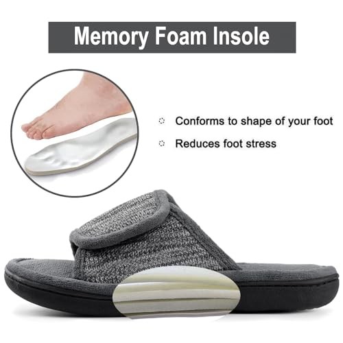 Men's Adjustable Wrap Memory Foam Slide Slipper 11-12 Grey