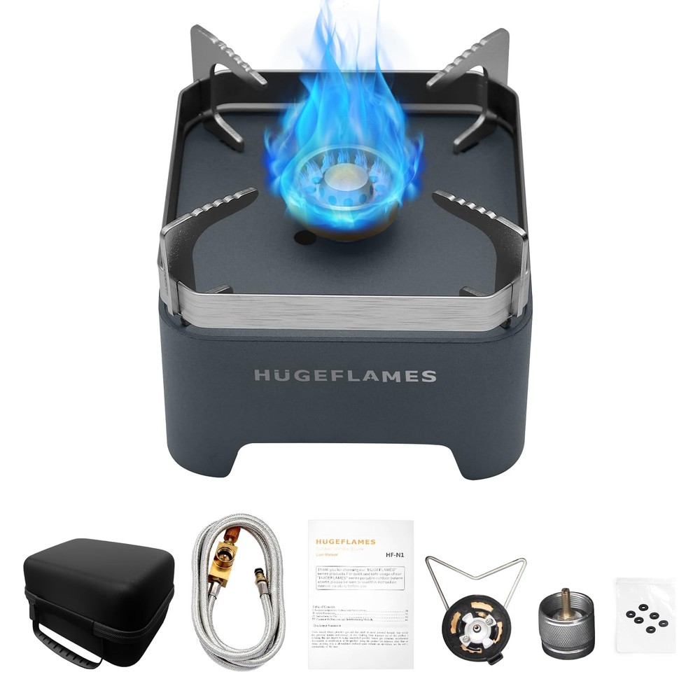 Single Burner Propane Stove with Wind Guard, Automatic Ignition Camping Burner