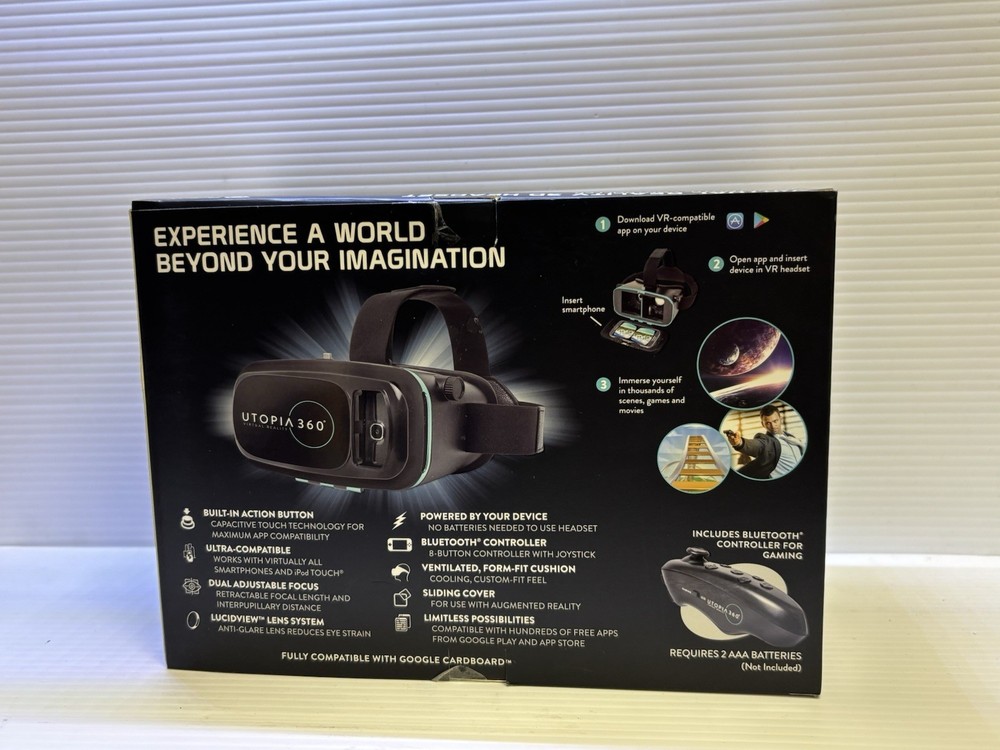 Utopia 360 Virtual Reality 3D Headset + Bluetooth Controller In Box