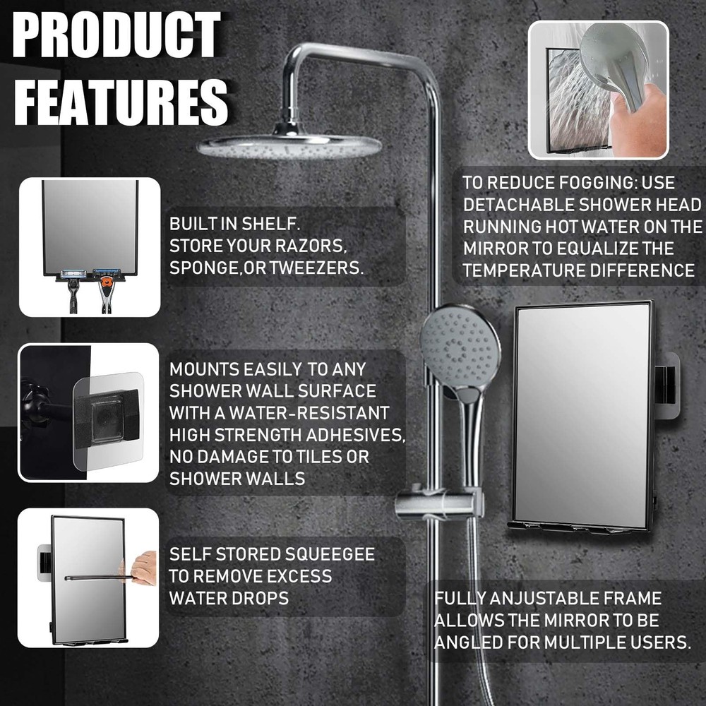 LFOYOU Shower Mirror for Shaving with 2 Replaceable 7.8"L x 5"W, Black
