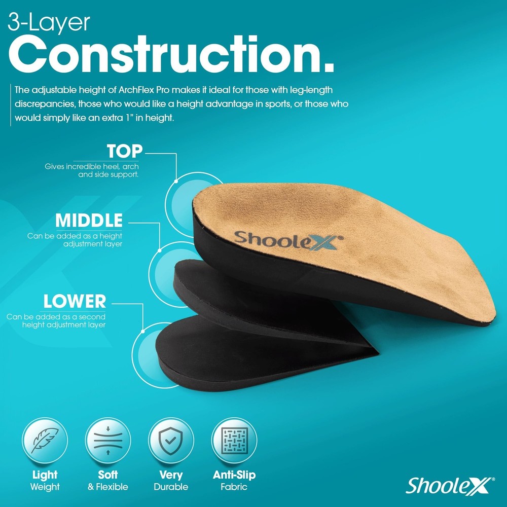 ArchFlex Pro 3/4 Adjustable Height Increase Insole Arch Support Insert Heel C...