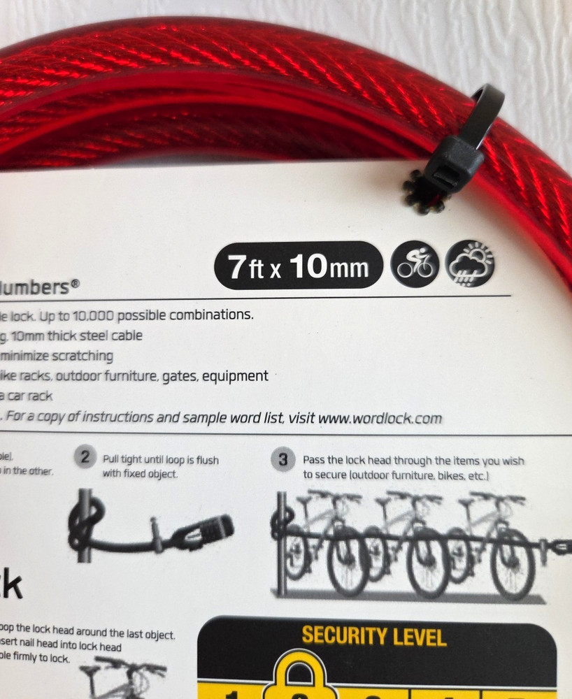 NWT Wordlock Red Resettable Loop N Lock Cable 7ft for Multiple Bikes