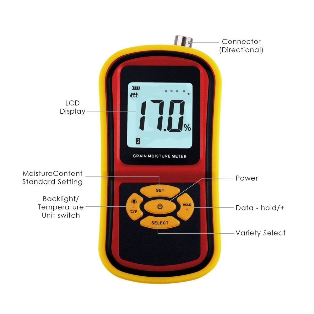 Digital Grain Moisture Meter W/Measuring Probe LCD Display Tester for Corn Wheat