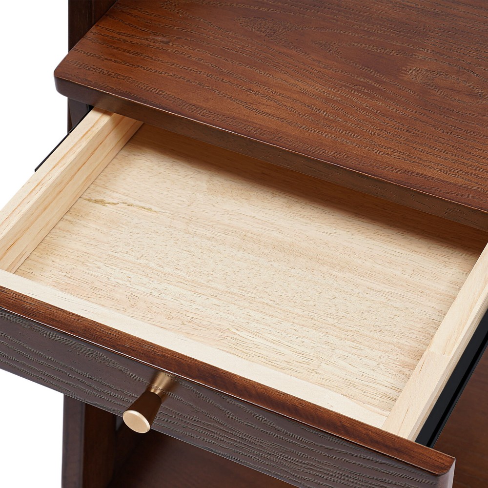 Walnut Retro Wood End Table, 2-tier Side Table, Storage Couch Table with Wheels