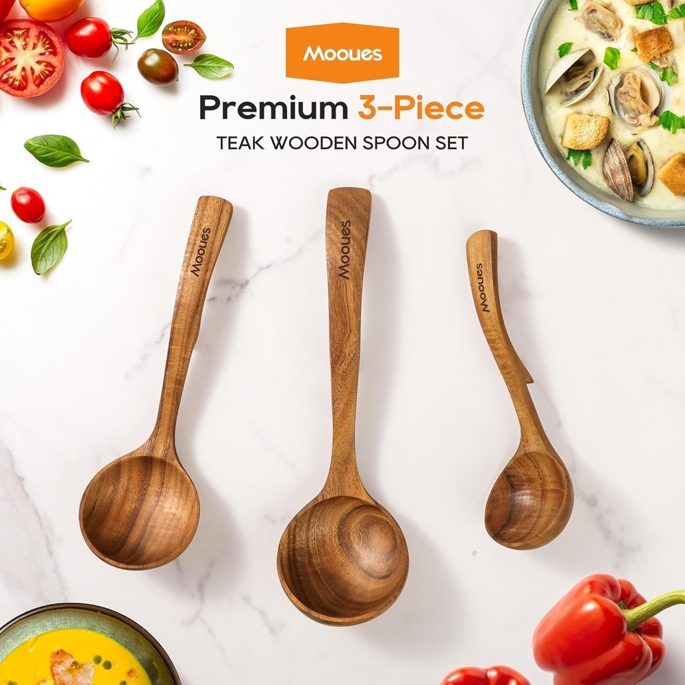 Teak Wood Ladle Set with Back Hooks