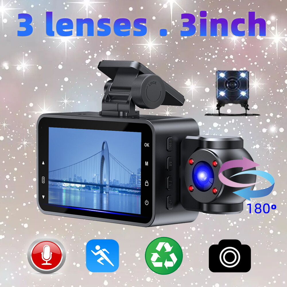 Car 3 Lens Dash Cam HD 1080P Front/Rear/Inside Video Recorder Camera G-Sensor