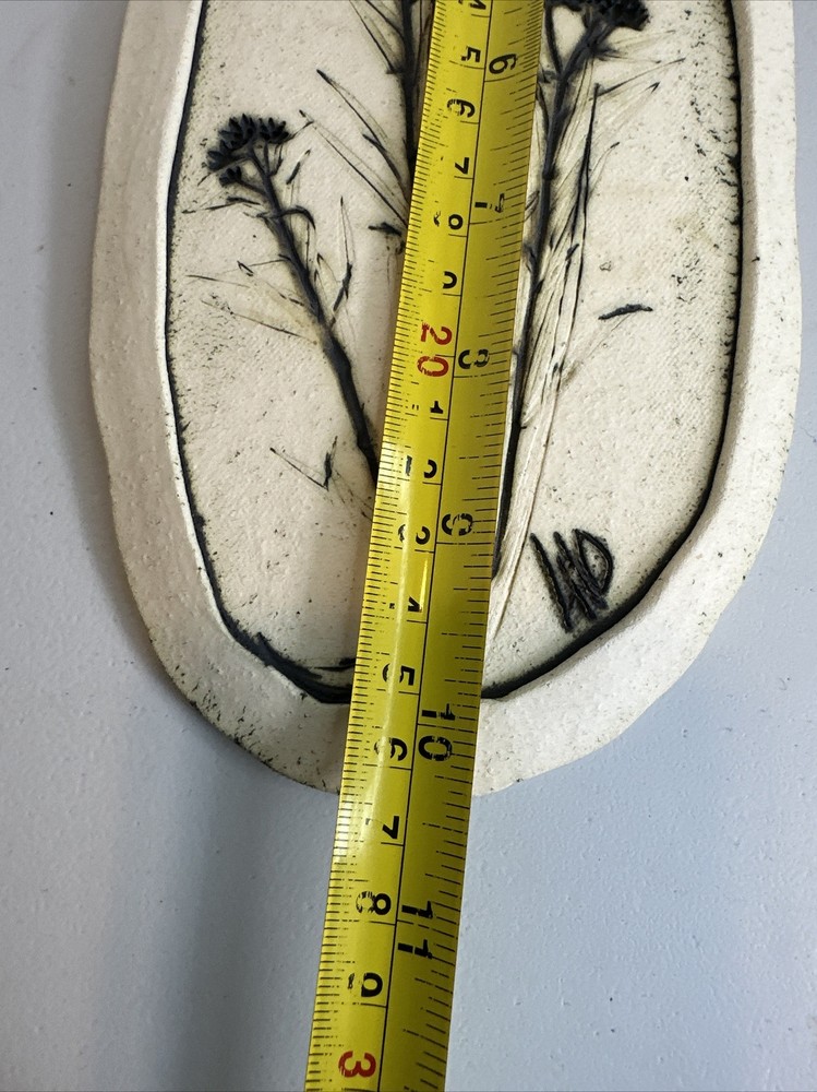 Handmade Pottery Botanical Impression Wall Hanging Plaque Vintage 10” Signed