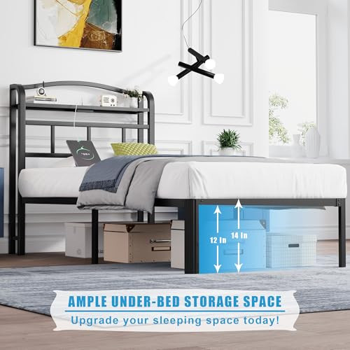 14 Inch Metal Bed Frame - Twin Size Black Heavy Duty Bedframe Platform Basic