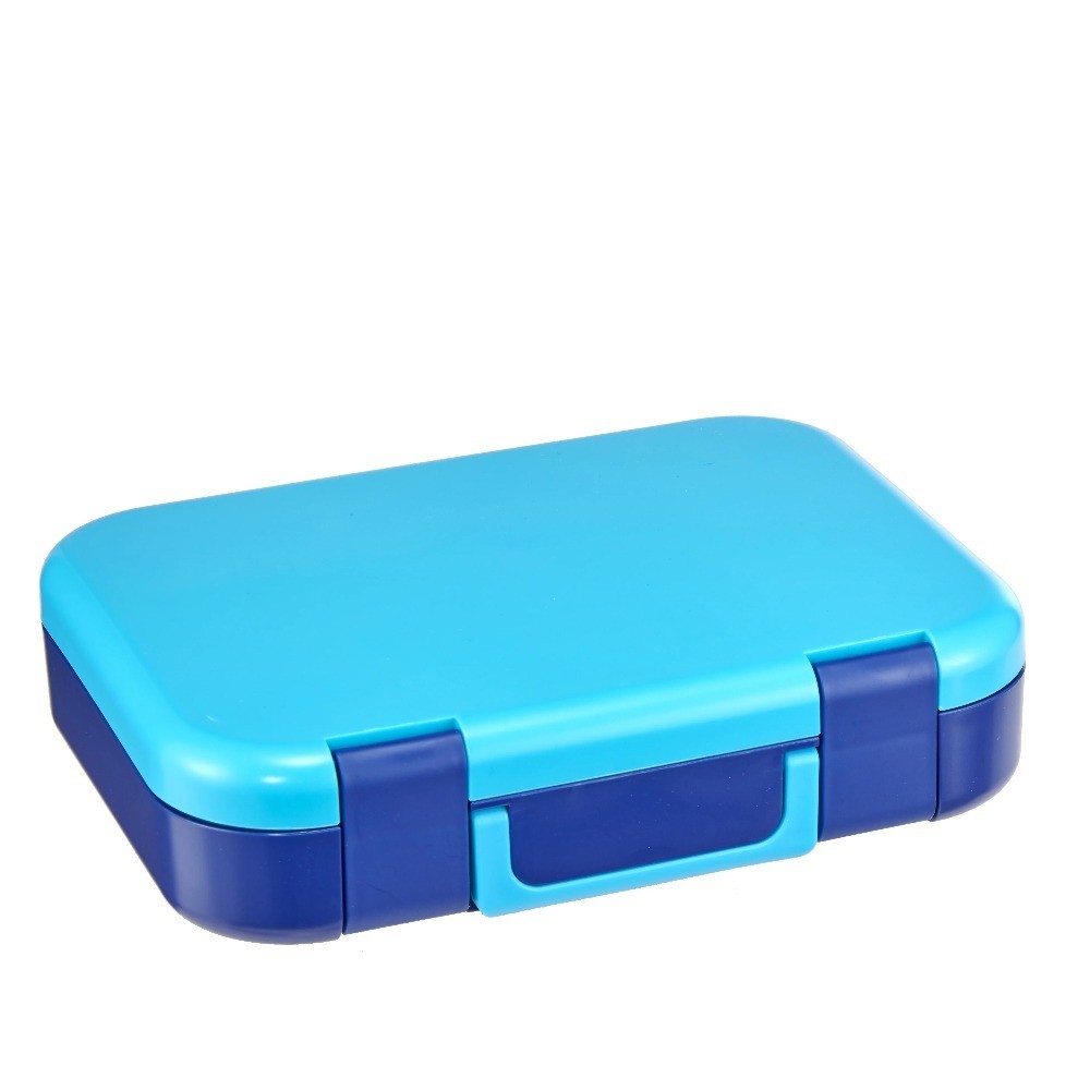 Plastic Bento Box with 4 Compartments, Fork, Spoon, 1 Dressing Container, Blue