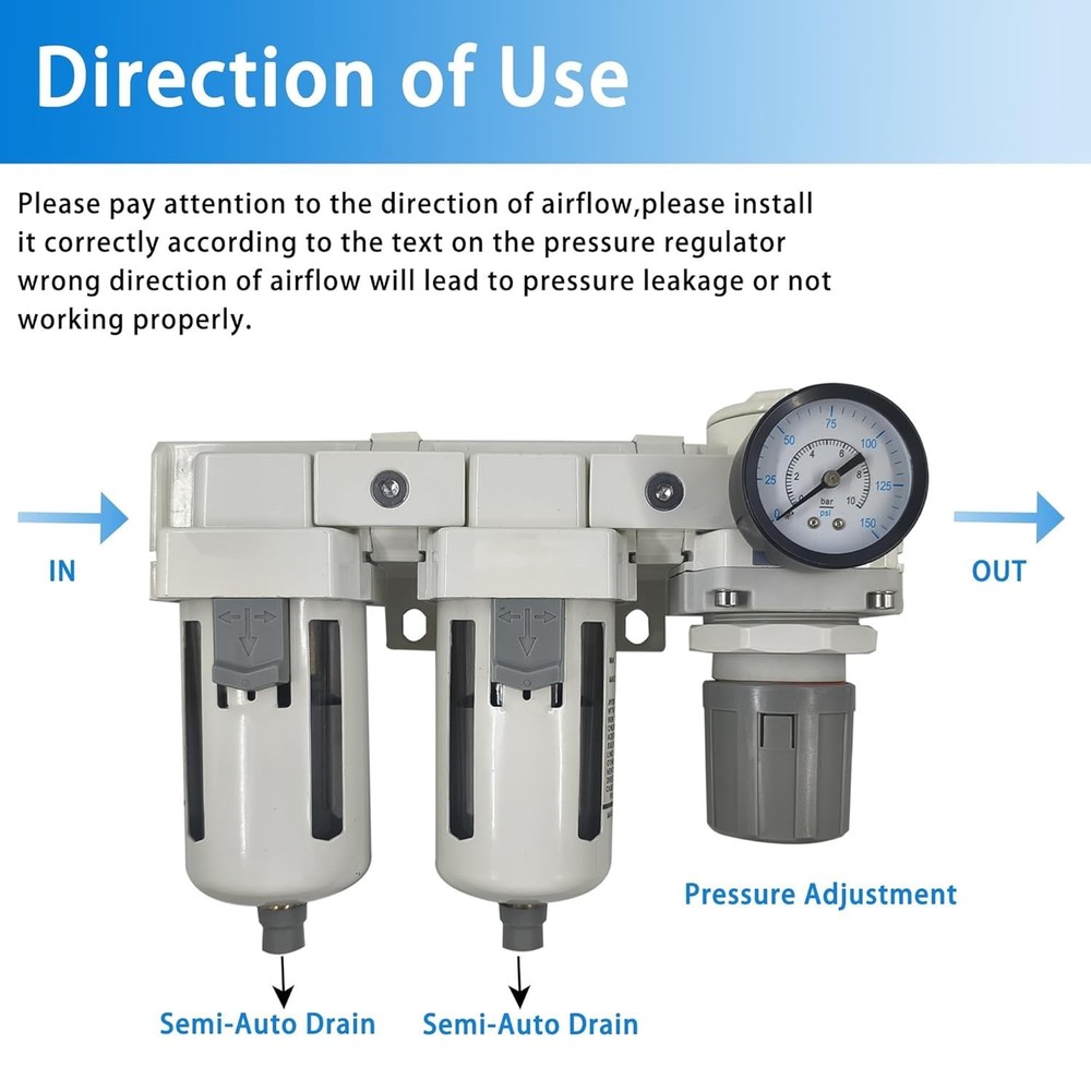 1/2"NPT Compressed Air Filter Regulator Lubricator Combo, Semi-Auto Drain