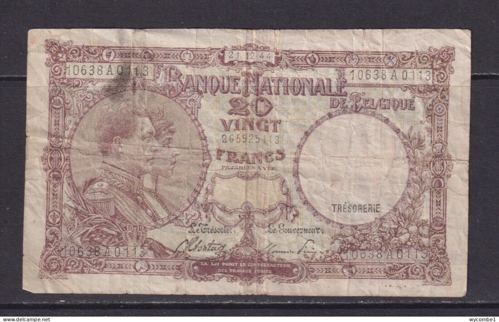 BELGIUM - 1944 20 Francs Circulated Banknote