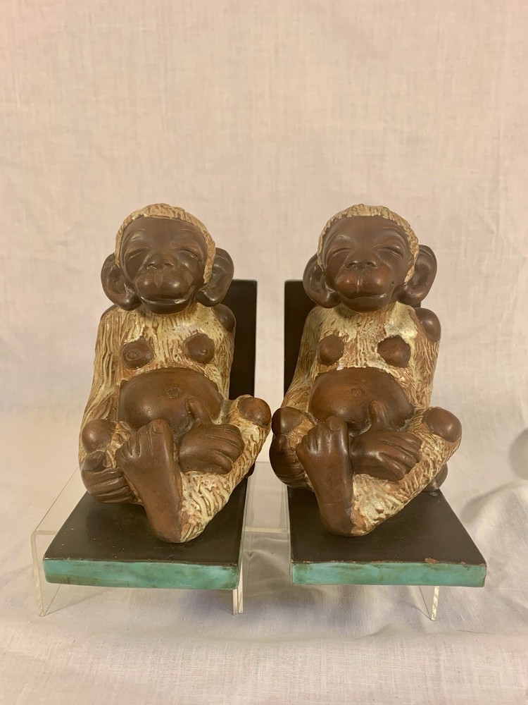Pair Vtg Ceramic SMILING MONKEY BOOKENDS Large 6"x 3" Size HEAVY