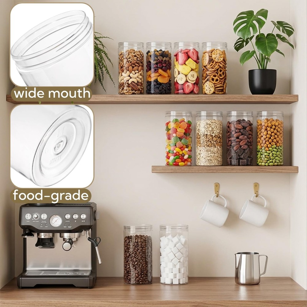 8 Pack Clear Plastic Jars with Lid, 46 OZ Round Candy Storage Jars, Empty Lar...