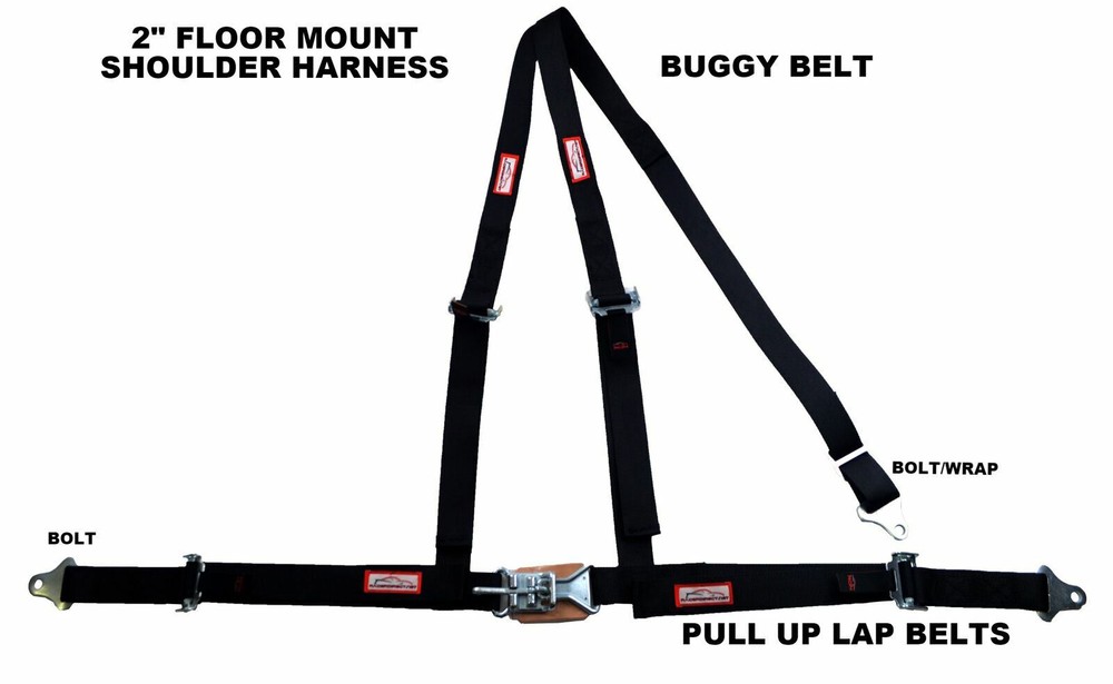 THREE POINT SEAT BELT RACE HARNESS 2" LATCH & LINK PULL UP FLOOR MOUNT BLACK