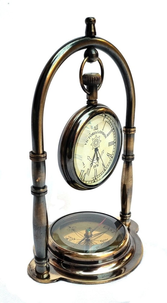 Maritime Compass Base Nautical Table Clock Ship’s Clock Antique Brass