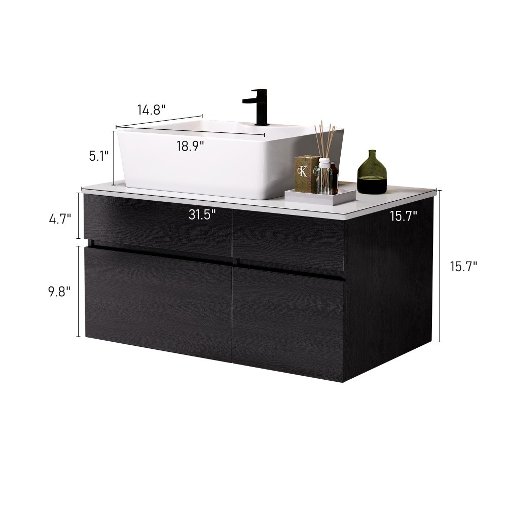 31.5" Floating Bathroom Vanity w/ Sink - Modern Black/White