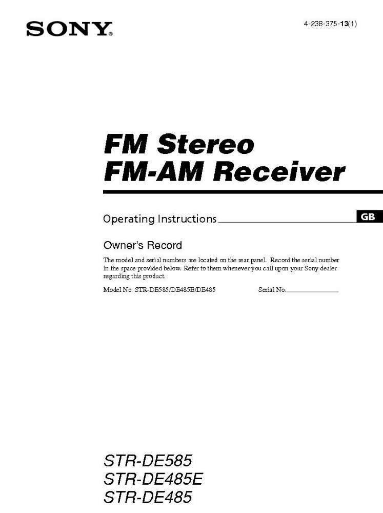 Sony STR-DE485E Amplifier / Receiver Owners Instruction Manual