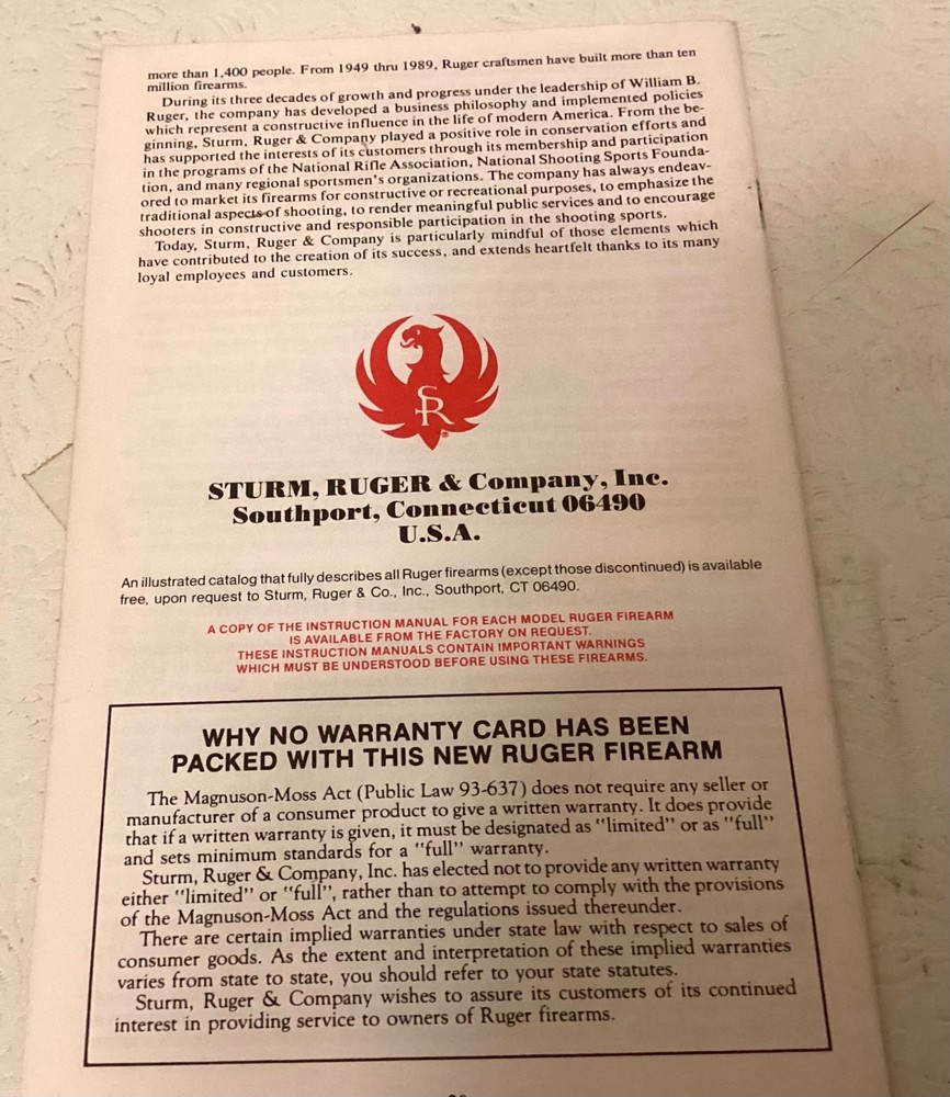ORIGINAL STURM RUGER & CO INSTRUCTION MANUALS
