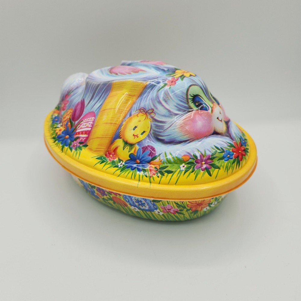VTG Easter Kitsch Bunny On Nest Chicks Candy Container Lid Basket Egg Decor 9"