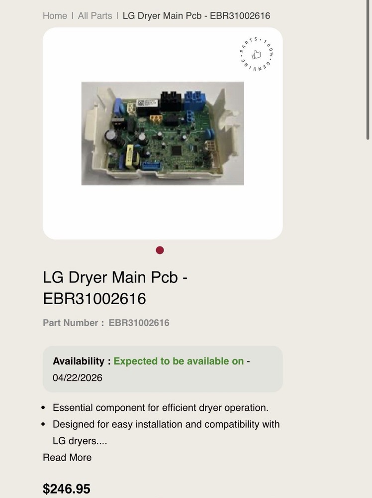 LG Dryer Main Pcb EBR31002616 OEM