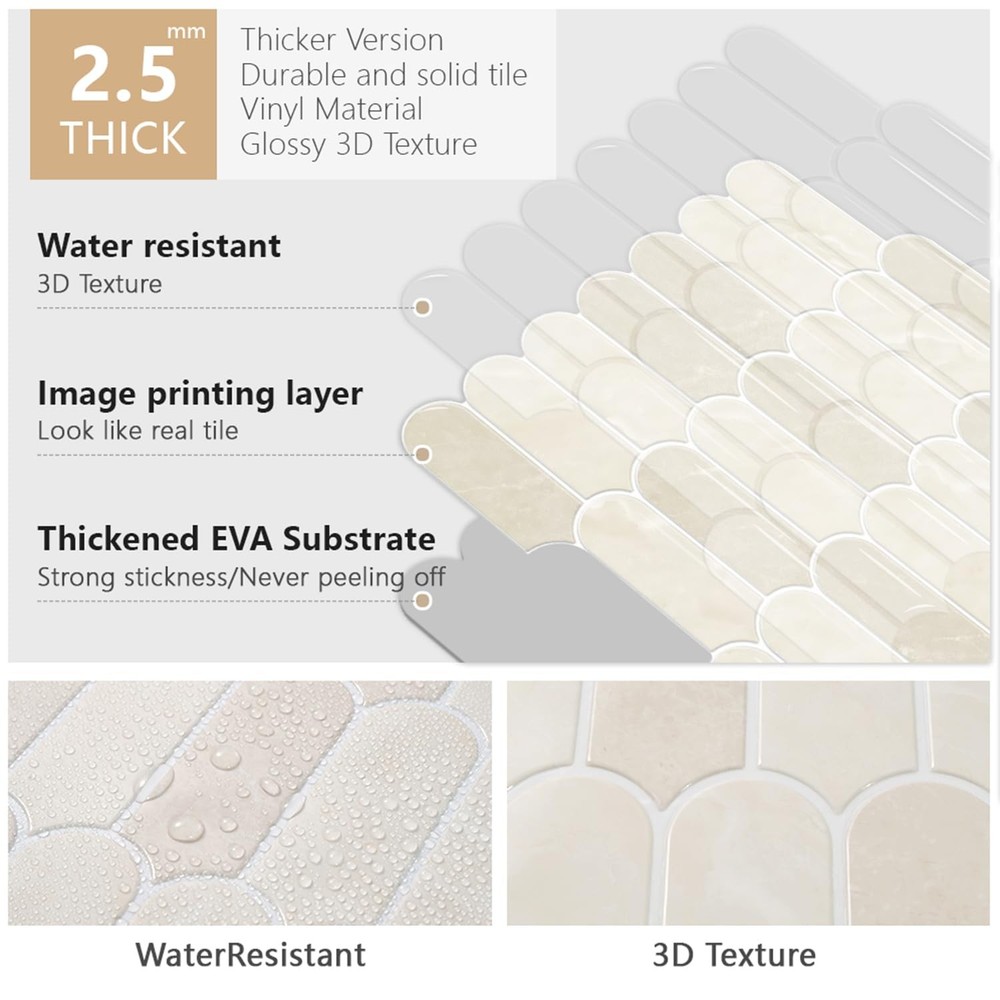 Peel and Stick Backsplash for Kitchen, 10-Sheet Backsplash for Kitchen Wall 3...
