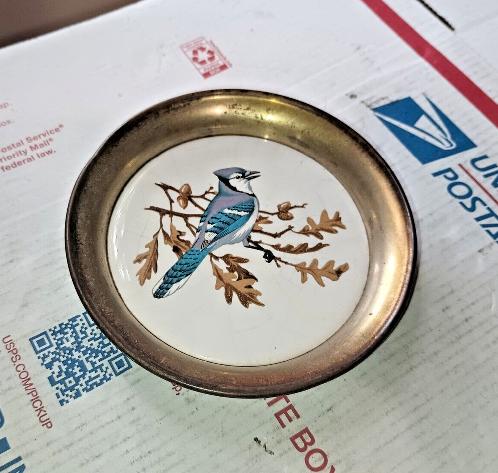 Sheridan Silverplate & Ceramic Blue Bird on Tree Replacement Coaster 4.5” VTG