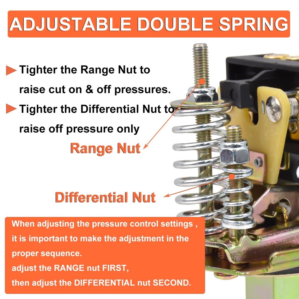 40-60 PSI Well/Water Pump Pressure Control Switch Adjustable Double Spring Pole