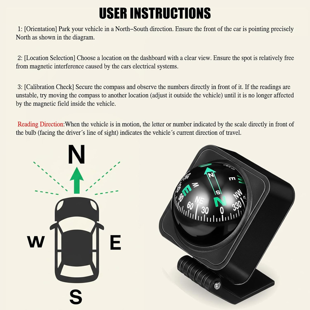 Car Compass Ball for Dashboard, Adjustable Auto Compass Dash Mount, Universal Ac