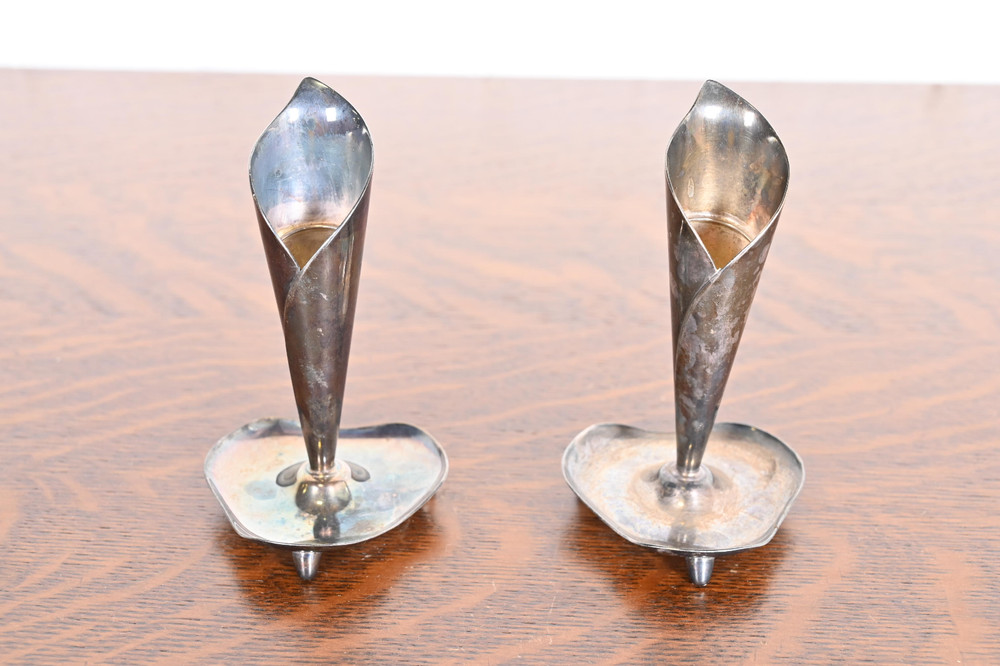 Hans Jensen Danish Modern Calla Lily Silverplate Candlesticks, Pair